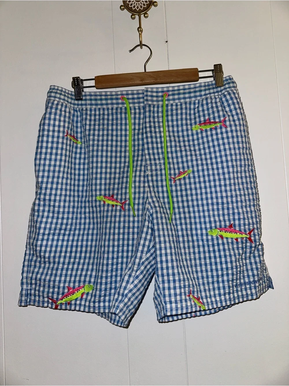 Vineyard Vines blue gingham and neon embroidered fish swim trunks